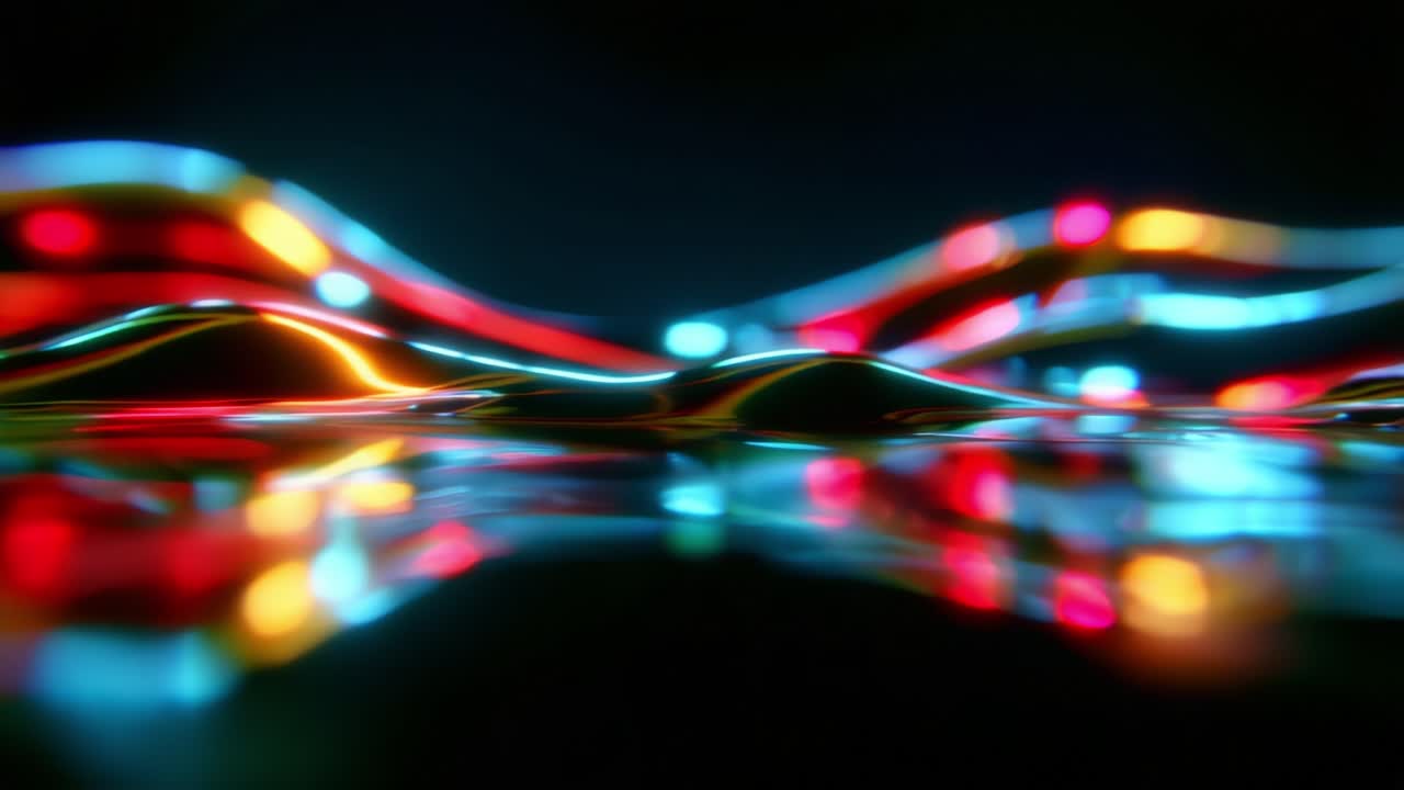Mesmerizing Colorful Fluid Waves Reflecting Vibrant Lights in a Surreal and Abstract Setting, Capturing the Dynamic Interaction of Light and Motion in a Hypnotic Display