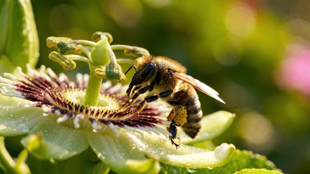 A Close-Up Encounter: A Bee Pollinating a Passion Flower, Showcasing the Intricate Relationship Between Flora and Fauna in Nature's Cycle