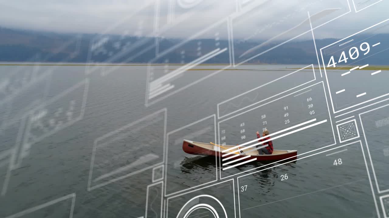 Man starting strokes, paddling canoe for leisure on lake, drone tracking, tech HUD over paddler