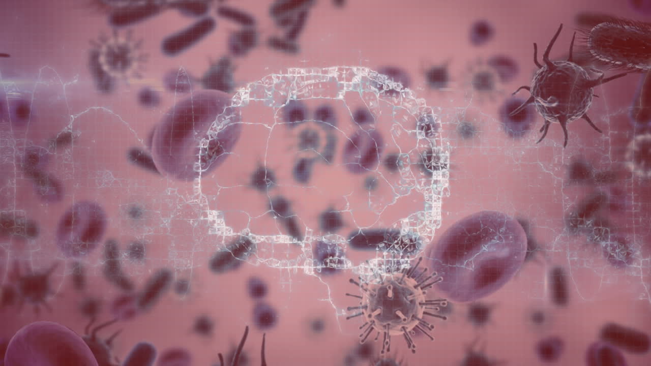 빨간색 배경 위에서 움직이는 세포에 대한 뇌의 애니메이션