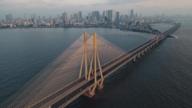 Cinematic Aerial view of Bandra Worli Sea Link in Mumbai, India.