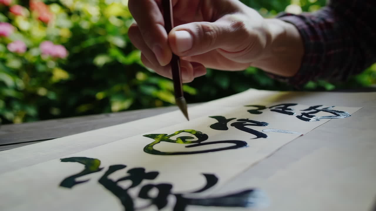 Handwritten Chinese Calligraphy in Garden Setting