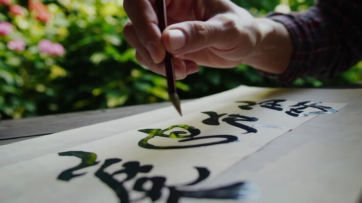 Calligrafia cinese scritta a mano in un ambiente da giardino