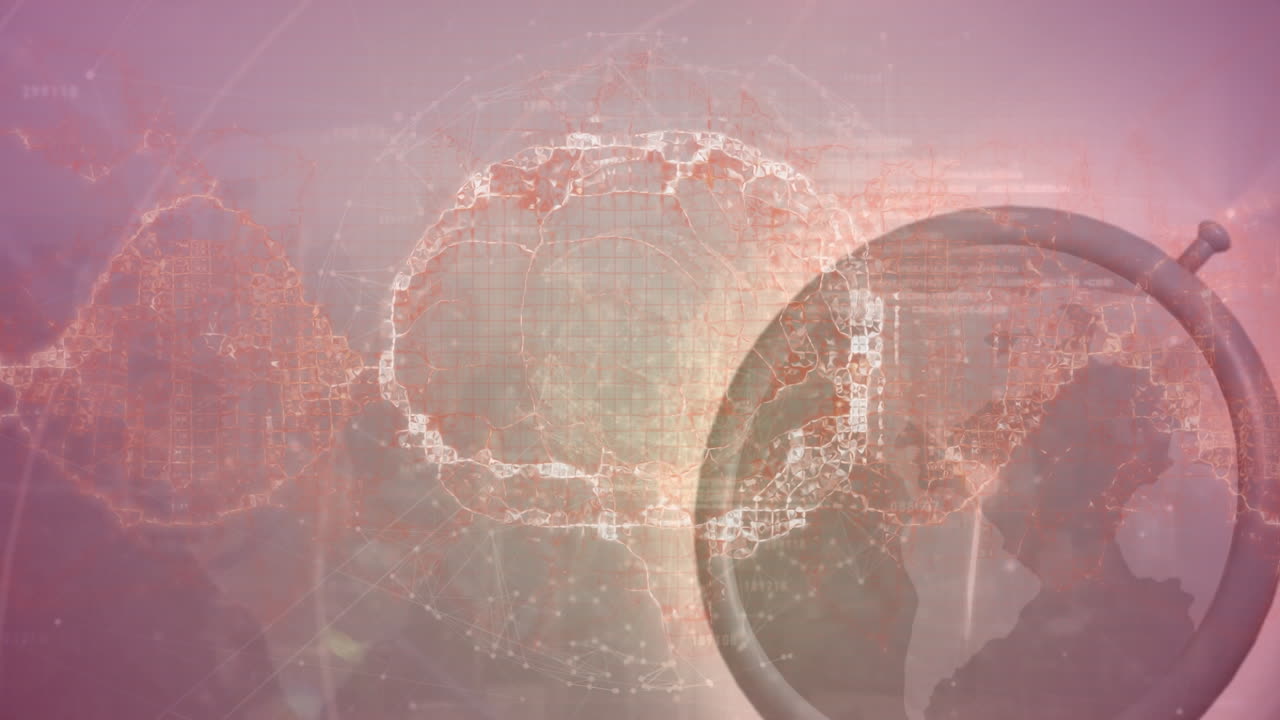 파동의 애니메이션, 회전하는 뇌와 시계가 밝은 보라색 배경에서 움직입니다.