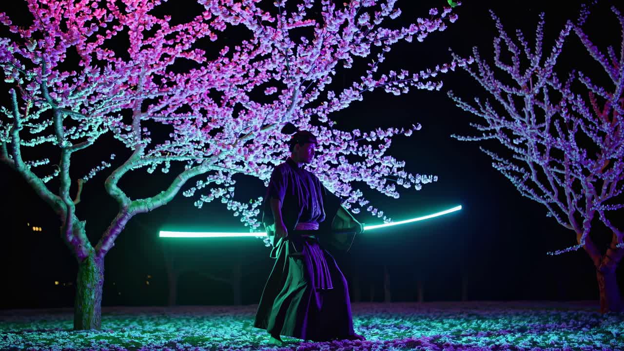 Samurai-esitys valaistujen kirsikankukkien alla