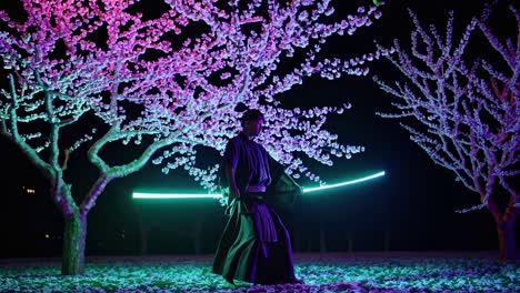 samurai performance under illuminated cherry blossoms