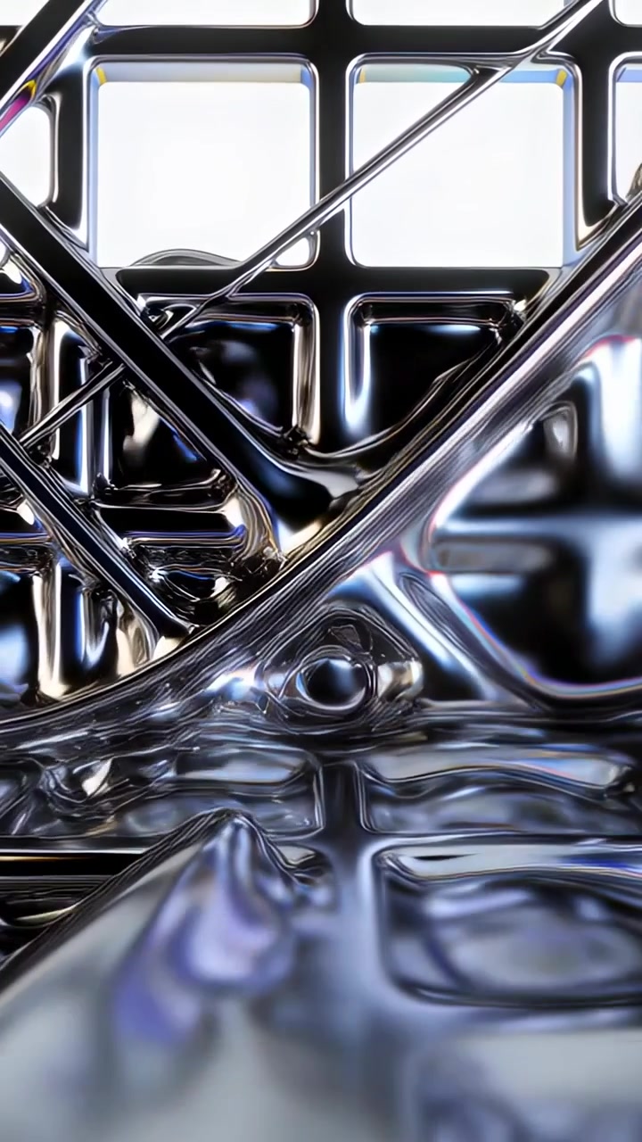 Vertical video: Flowing iridescent sheet pulling from right edge in studio, revealing chrome braces