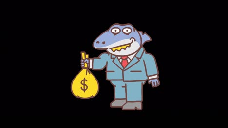 tiburón sosteniendo una bolsa de dinero y sonriendo. cuadro por cuadro de animación. canal alfa