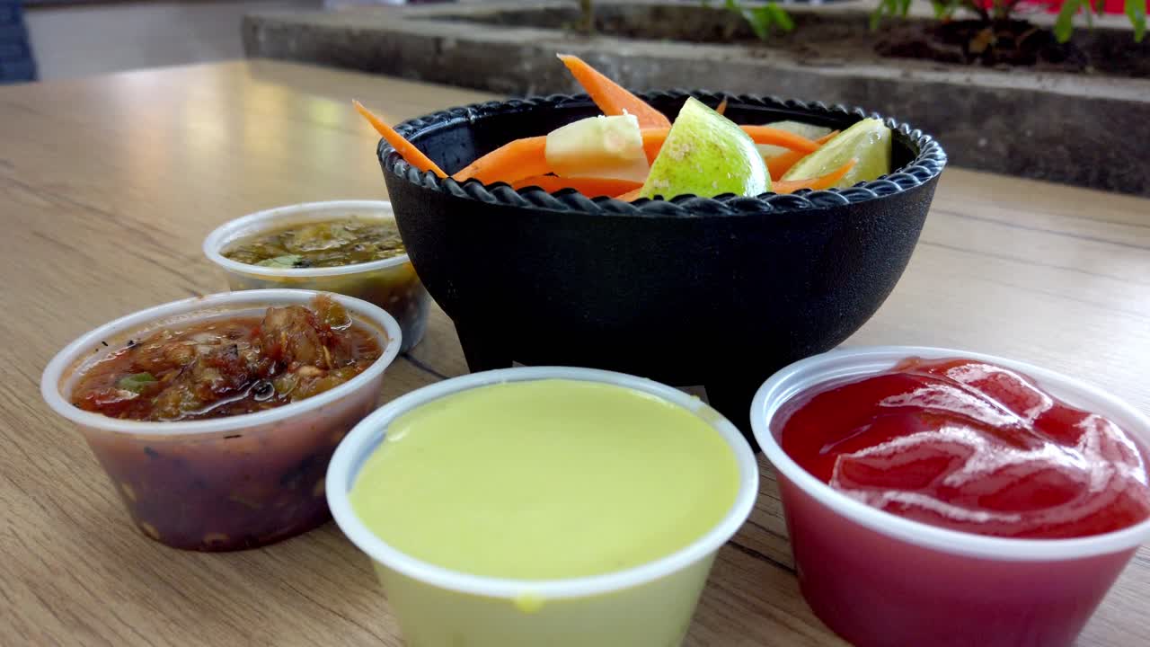 Close-up zoom in of fresh vegetables with assorted sauces in cups on a wooden table