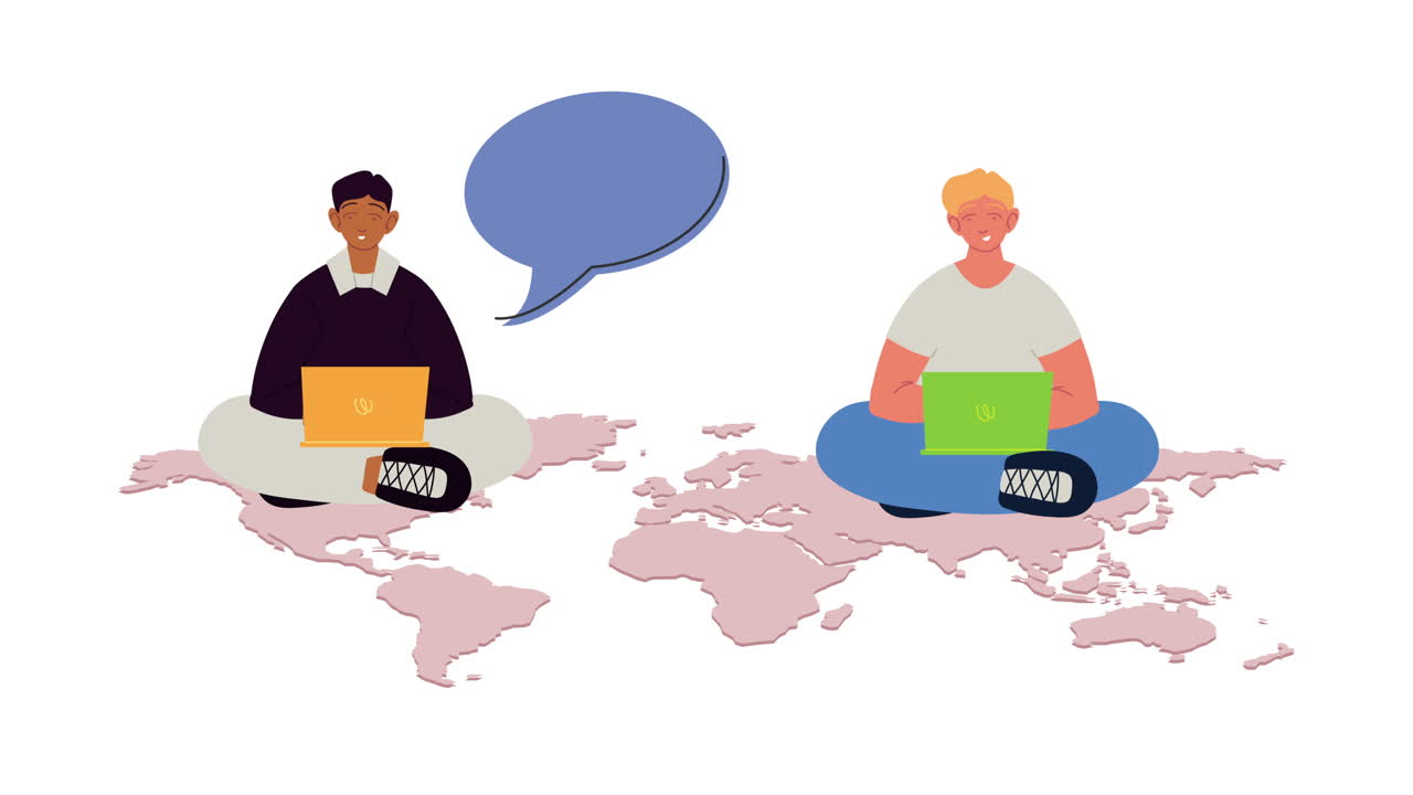 지구 지도에서 노트북을 사용하는 젊은 남자들