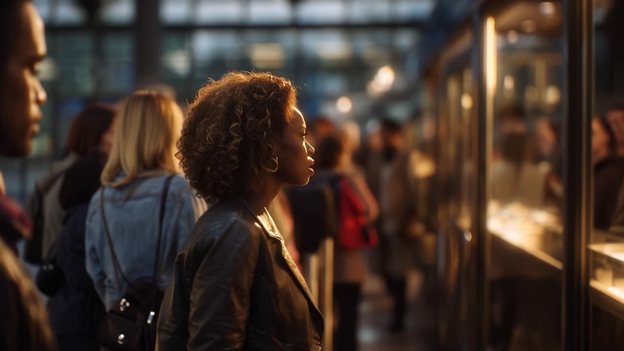A Focused Woman in a Queue: Capturing the Anticipation and Emotion of Waiting in a Bustling Environment with Soft Lighting and Reflections