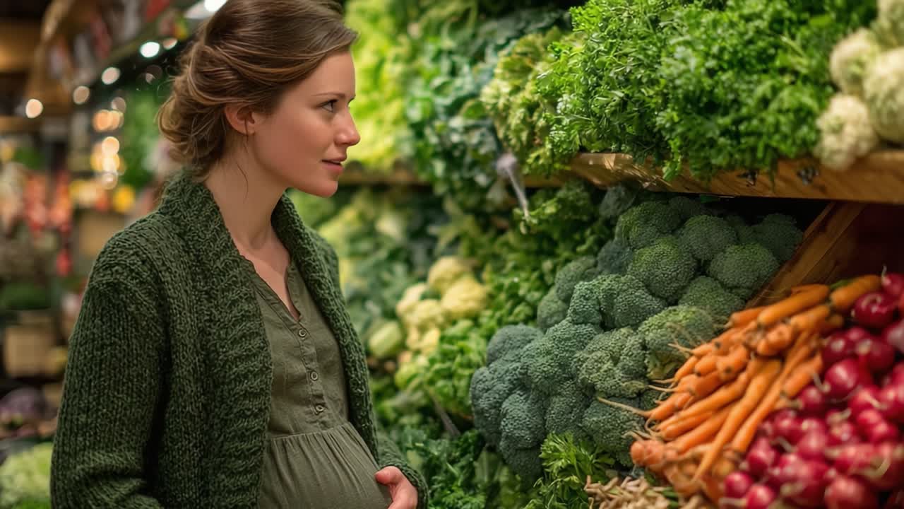 A Pregnant Woman Observes Fresh Vegetables in a Grocery Store, Embracing Healthy Eating Choices During Pregnancy for Her and the Baby's Well-Being