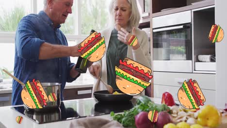 Composite-video-of-multiple-burger-icons-against-caucasian-senior-couple-cooking-food-in-the-kitchen