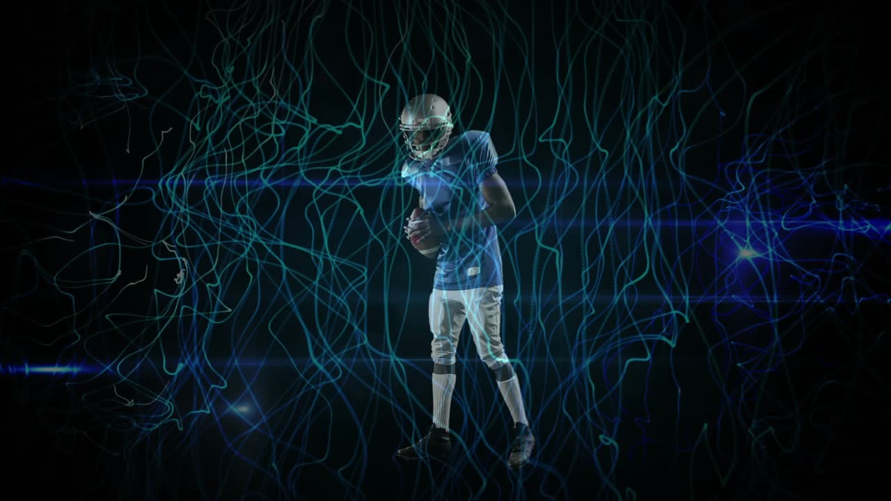 Giocatore di calcio che emerge in un'arena digitale e esegue esercizi di controllo palla con linee elettriche.