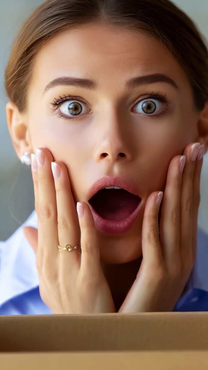Astonished and Shocked Woman Expressing Surprise and Emotion While Gazing at an Unexpected Package, Capturing the Moment of Genuine Reaction in Excitement in Two Distinct Frames