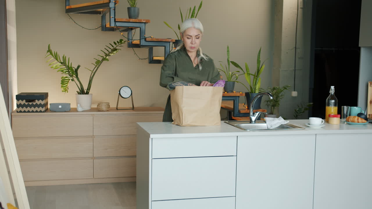Senior Woman Shopping and Preparing Groceries