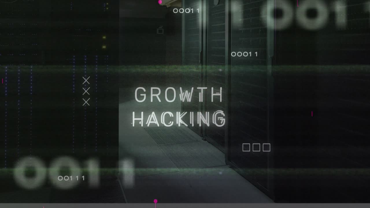 Animation of growth hacking and binary codes against server room in background