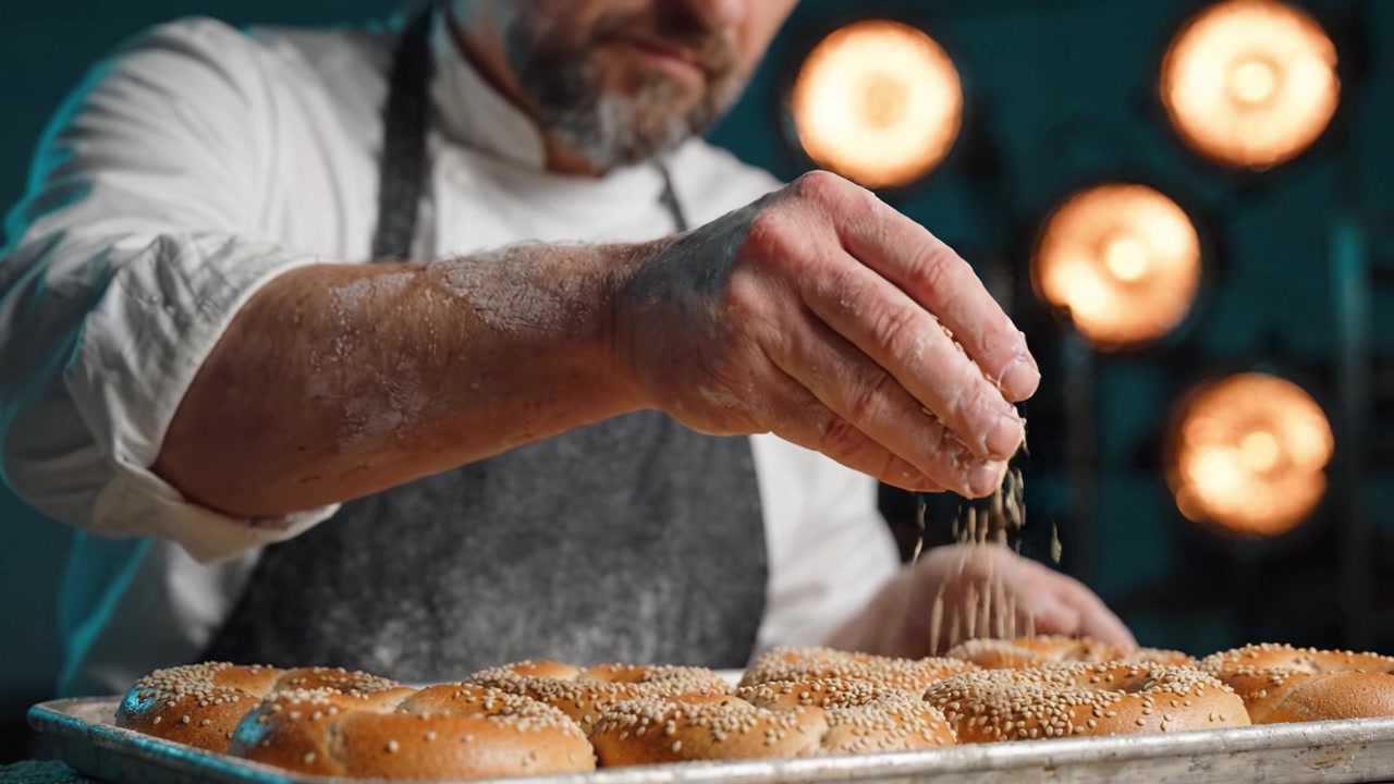 Artisan Baker Sprinkles Sesame Seeds on Freshly Made Bagels in a Gourmet Kitchen, Capturing the Essence of Culinary Craftsmanship and Baking Techniques