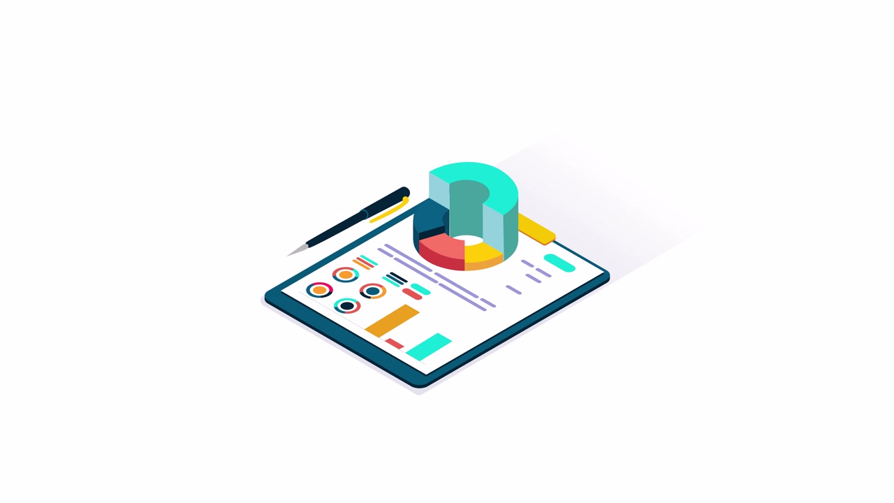 Report di analisi dati isometrico animato con grafici e penna
