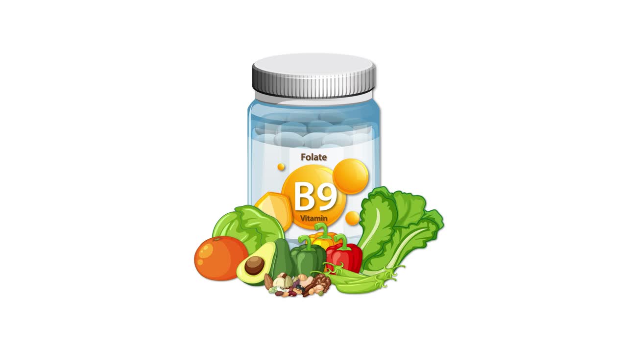 Vitamin B9 supplement bottle appears with vegetables and nuts on clean white background, smooth transitions