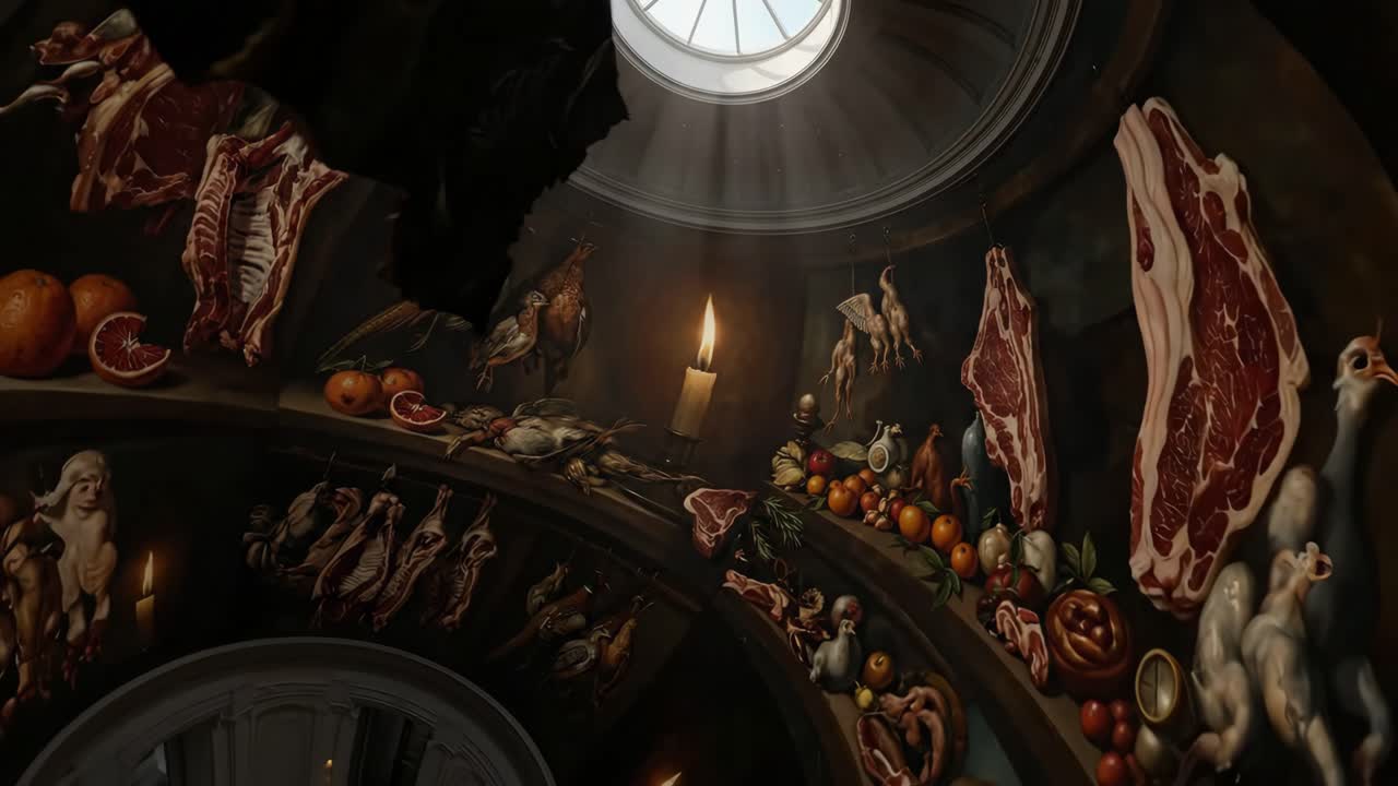 Dramatic Still Life with Hanging Meat, Game Birds, and Candlelight