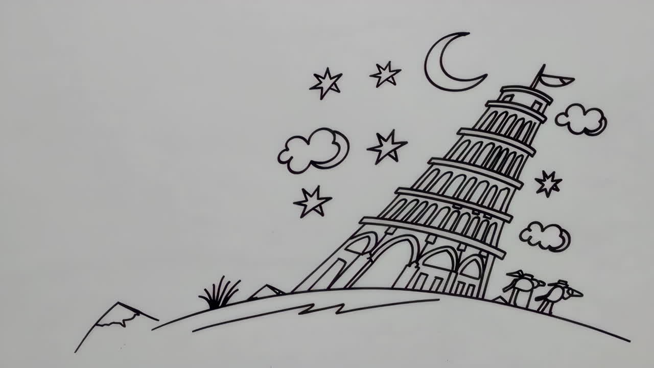 Simple Drawing of Leaning Tower of Pisa at Night
