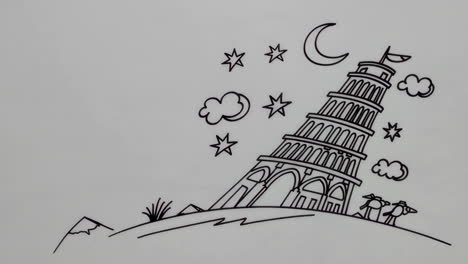 simple drawing of leaning tower of pisa at night