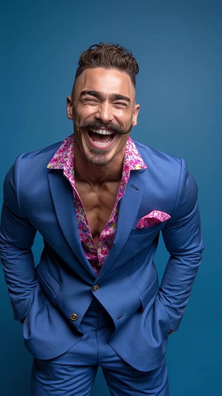 Uomo di mezza età entusiasta in un elegante abito blu che ride di gusto su uno sfondo blu uniforme.