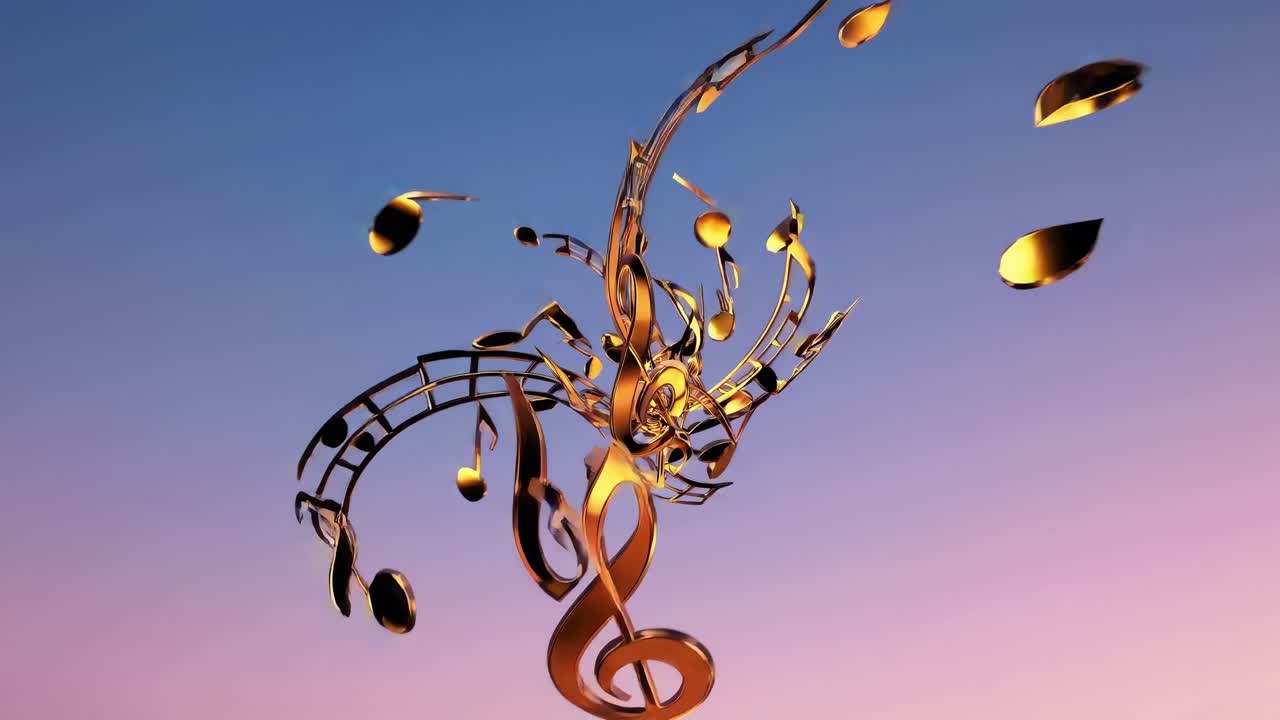 Golden musical notes and symbols are swirling and creating a vortex against a colorful gradient sky, representing music, harmony, and creativity