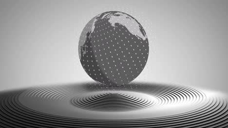 animation of globe spinning over circle grey pattern background