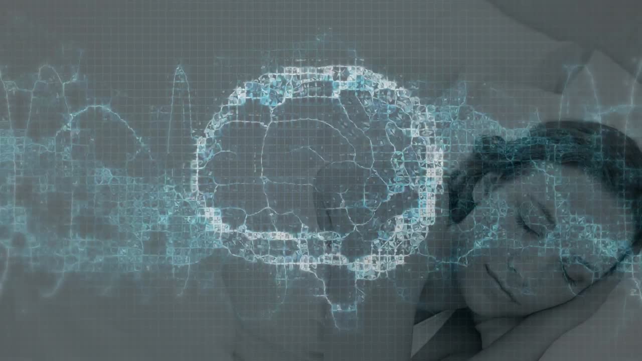 침대에 잠자는 백인 여성 위에 원을 가진 디지털 인간 뇌의 애니메이션