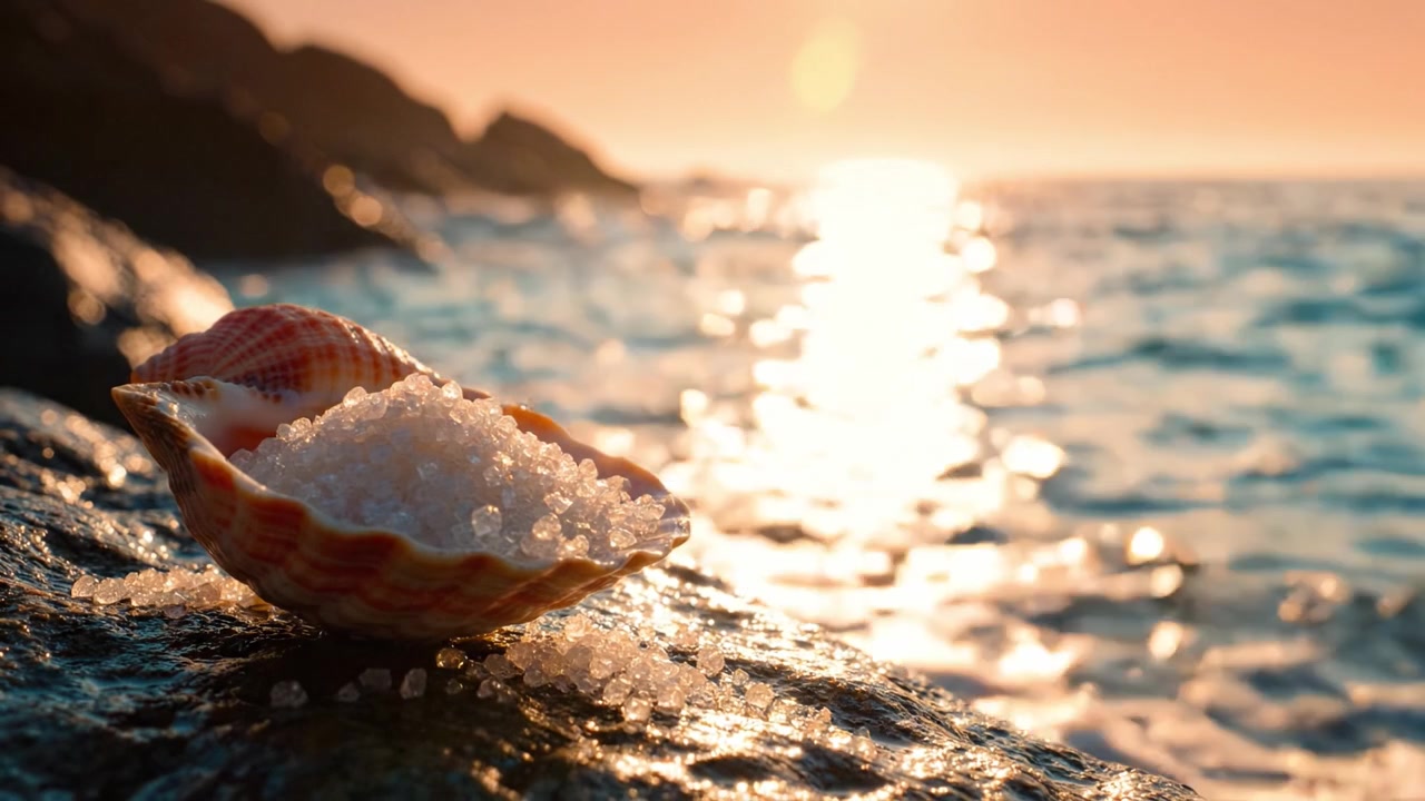 A Beautiful Shell Filled with Sea Salt on a Rocky Shore at Sunset, Capturing the Serenity of Nature and the Reflection of Warm Colors on the Ocean Waves