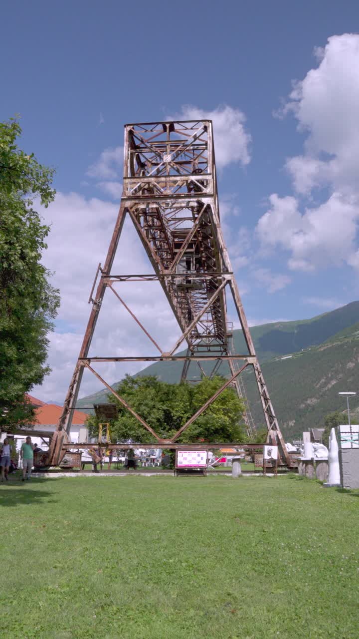 Side view of crane used to transport marble blocks at Lasa Marmo in Laas, Lasa, South Tyrol, Italy