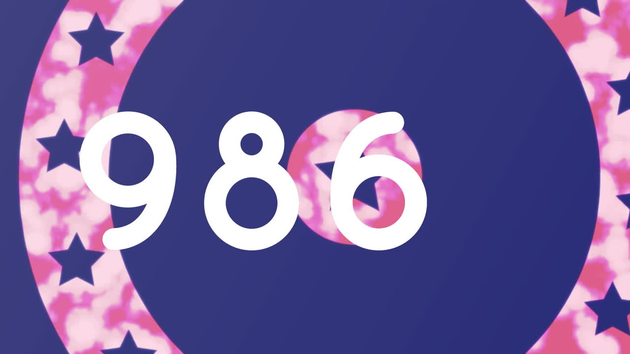 파란색 배경에 회전하는 원에 있는 별들과 비교하여 증가하는 숫자의 디지털 애니메이션