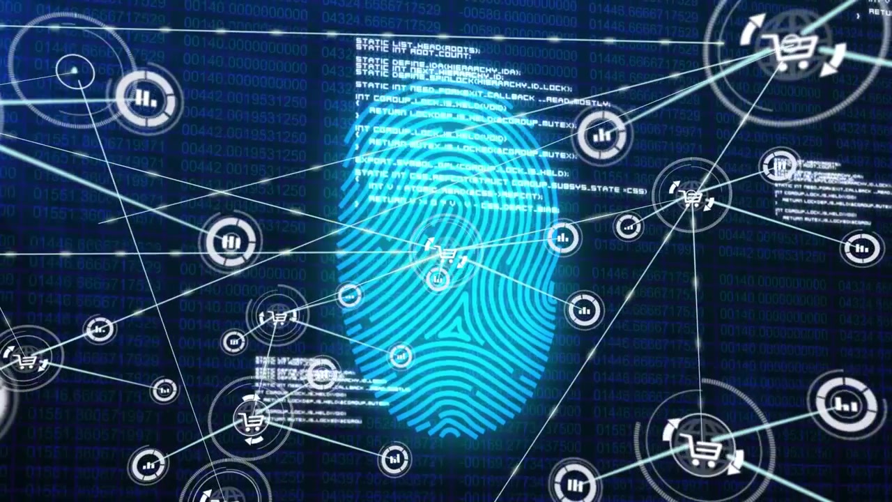 Central fingerprint pulsing as reticle locking, spawning UI nodes and lines, mapping data analytics