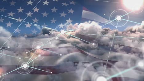 Network-of-connections-over-waving-us-flag-against-clouds-in-the-sky