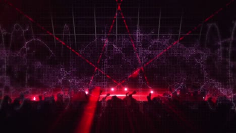 animación de senderos de luz roja en el escenario y formas que se mueven sobre siluetas de personas bailando.