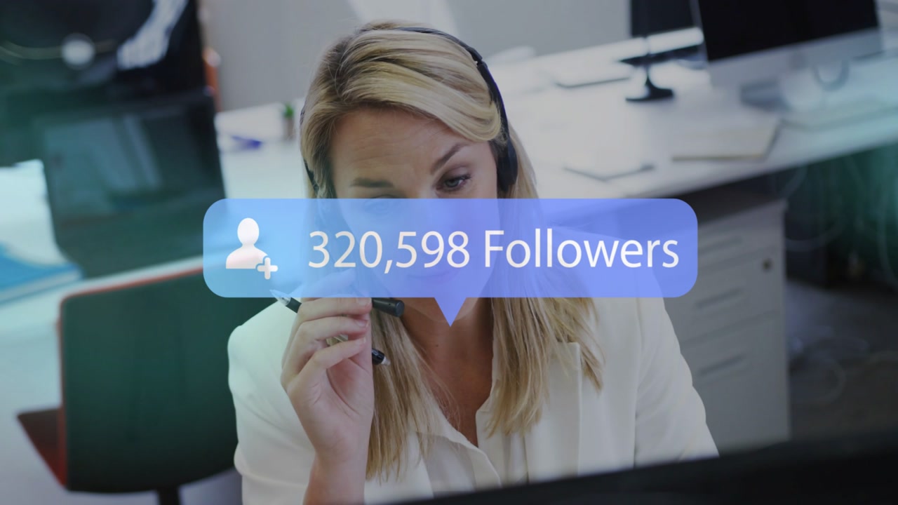 Support agent speaking into headset, follower overlay fading on torso, rising to 700k for marketing