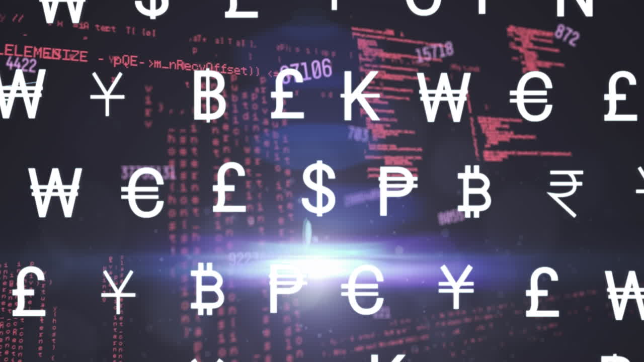 검은색 바탕에 변하는 숫자와 컴퓨터 언어를 가진 통화 기호의 애니메이션