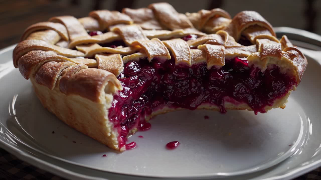 Freshly baked cherry pie with a slice cut out, revealing the glistening red cherry filling, sits on a white plate, tempting viewers with its sweet aroma and inviting appearance