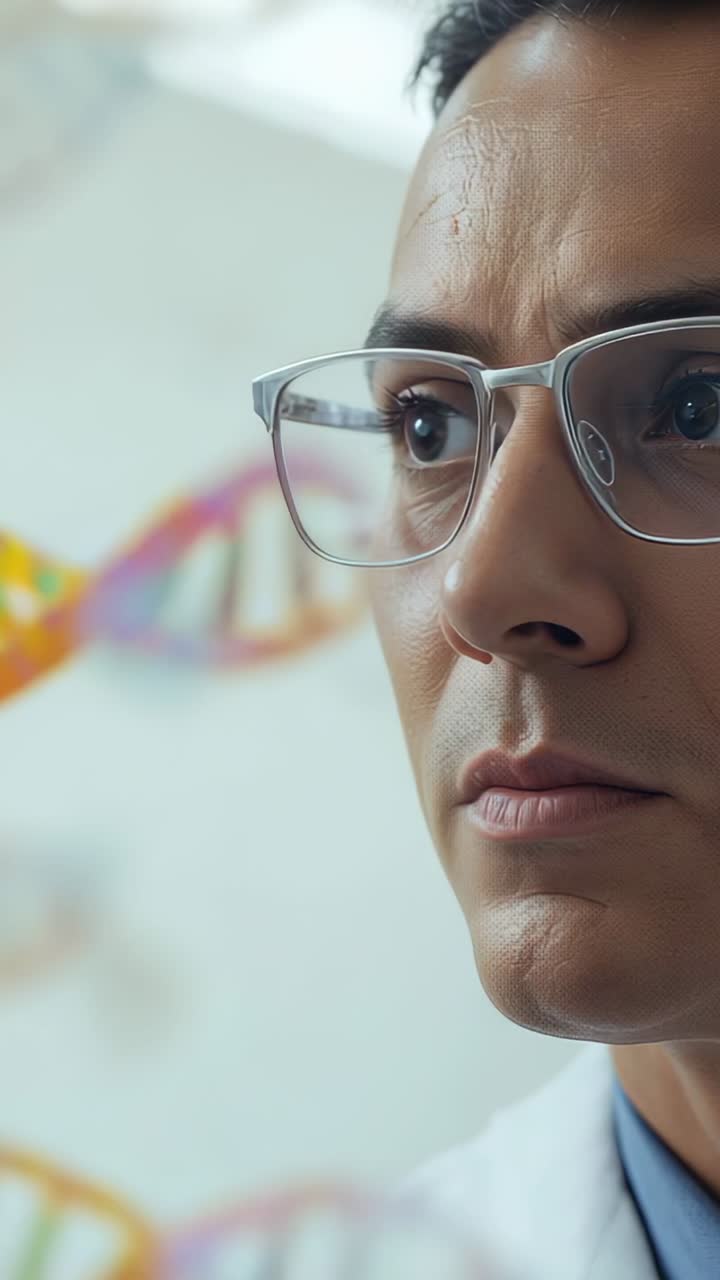 Video verticale: reazione al movimento dell'elica del DNA, medico che abbassa lo sguardo in laboratorio per uno studio, con indosso un camice da laboratorio