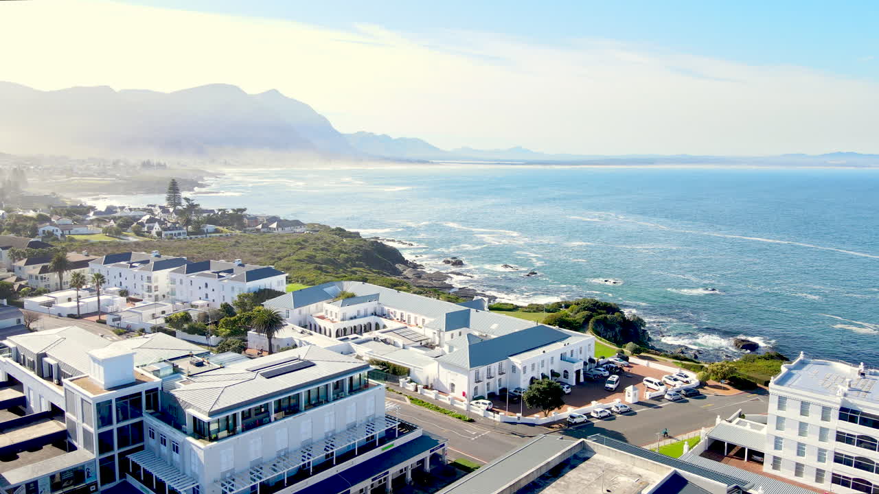Scenic aerial view of buildings on Hermanus coastline overlooking Walker Bay
