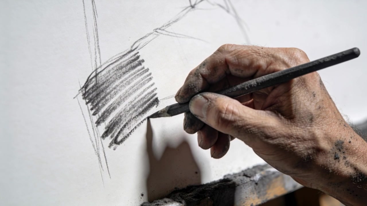 Placing charcoal stick, artist's hand building hatched tone on vertical paper, defining contour