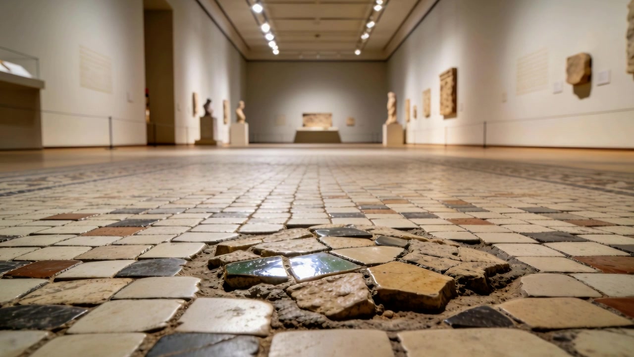 Kameraet starter og beveger seg fremover, vipper i et museumsgalleri for å avsløre et skadet mosaikkfelt med grønne fliser