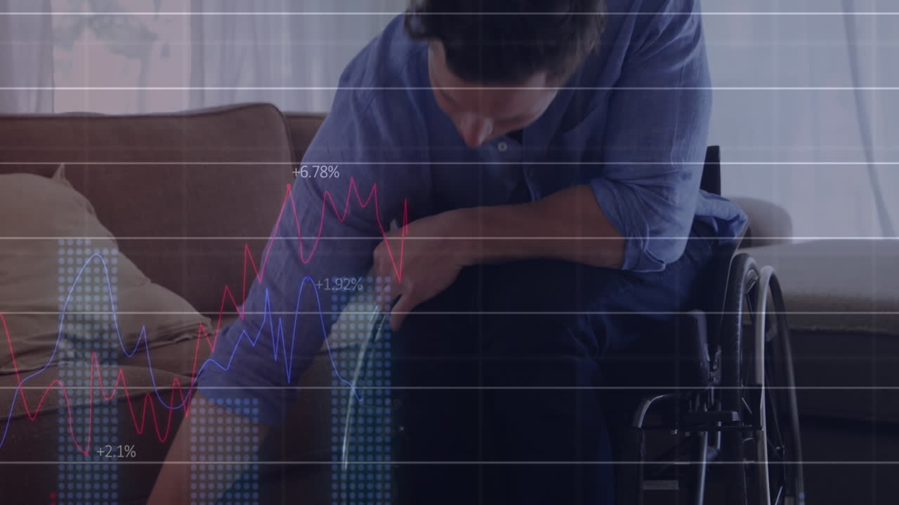 변하는 숫자를 가진 여러 그래프의 애니메이션, 백인 장애인 남자가 집에서 고양이를 만지고 있습니다.