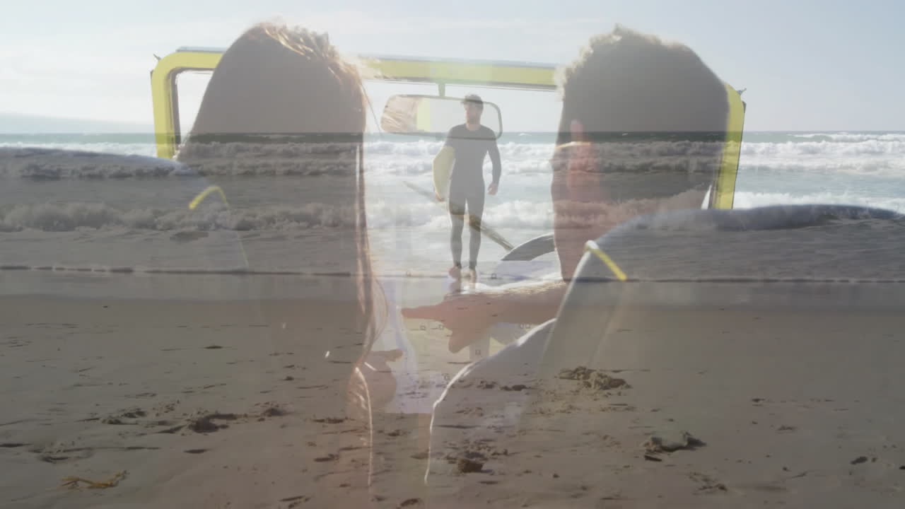 Walking on beach, surfer with animation of couple sitting in car by ocean
