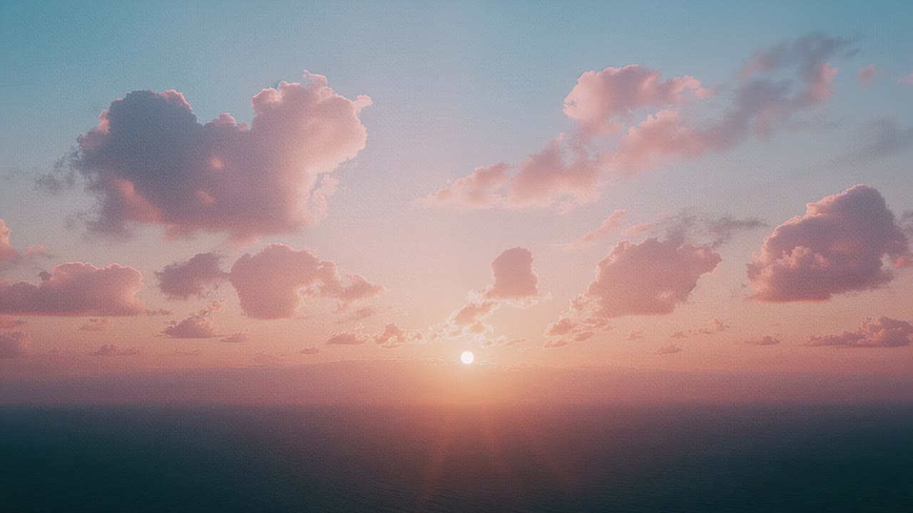 Opening shot showing sun descending over ocean, cumulus clouds drifting and lens flares appearing