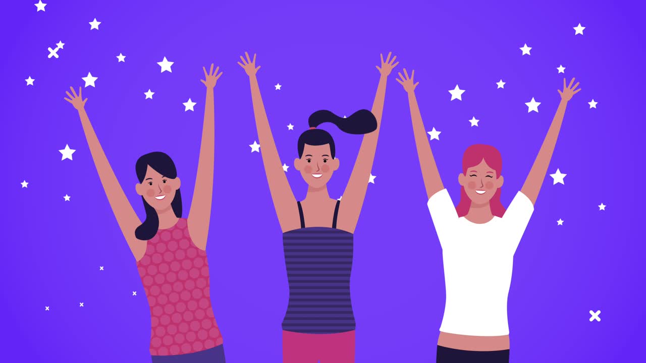 feliz tarjeta de día de la mujer con chicas celebrando personajes