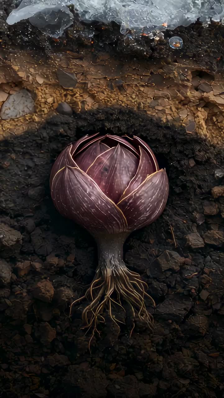 Vertical video: Frames advancing while purple bulb sprouting in soil profile, showing fibrous roots