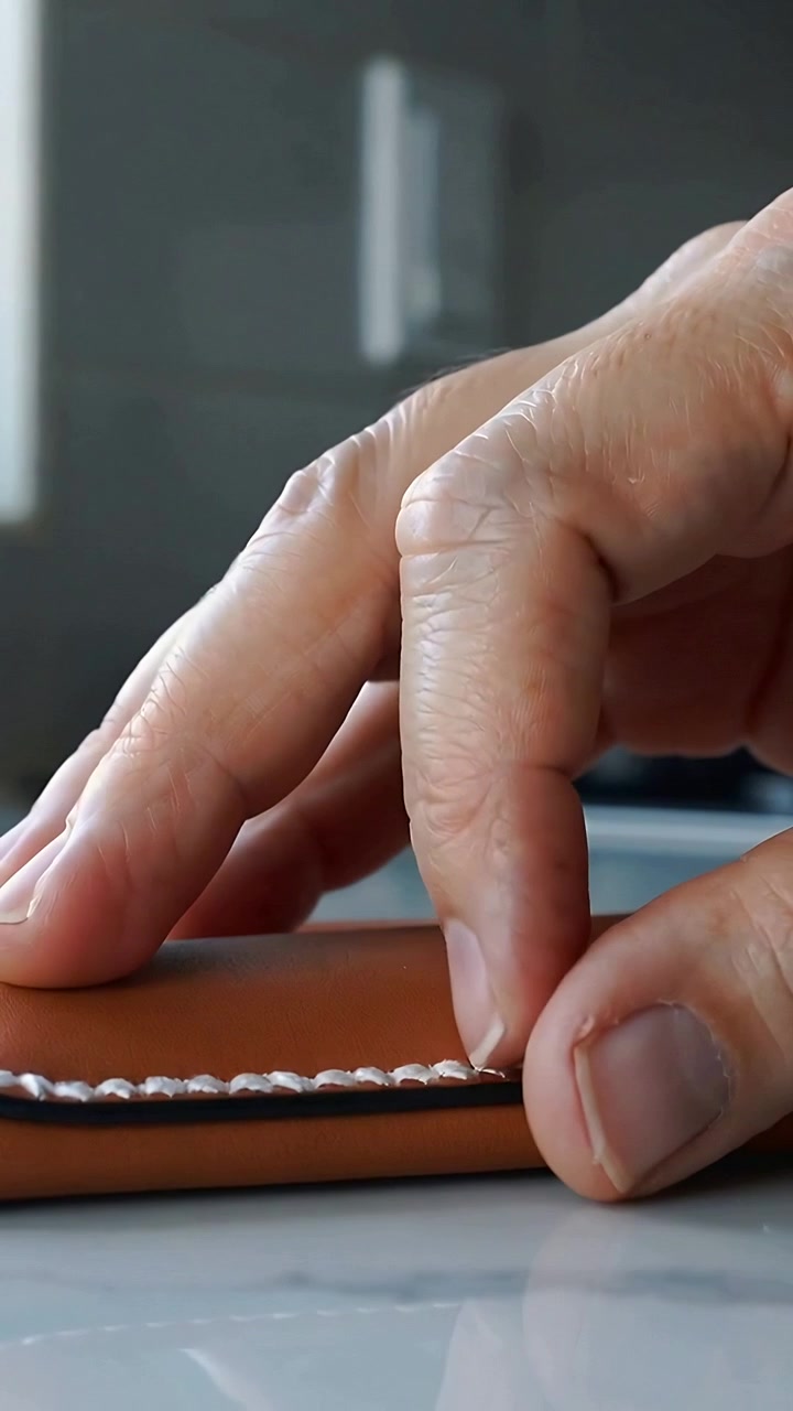 Vertical video: Settling hands tracing stitched leather sleeve on counter, inspecting seam gently